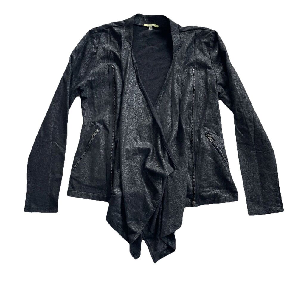 Gianni Bini Black Faux Leather Draped Open Moto Sweater Medium Zip Pockets